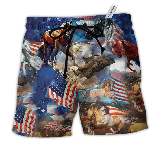 Beach Short / Adults / S Horse Patriotic America Flag - Beach Short Reefox - Owls Matrix LTD