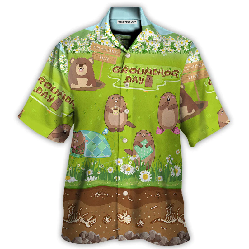 Groundhog Day Happy Spring Day With Grass Flowers - Hawaiian Shirt - Reefox