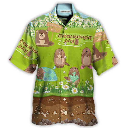 Groundhog Day Happy Spring Day With Grass Flowers - Hawaiian Shirt - Reefox