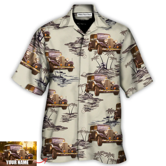 Hawaiian Shirt / Adults / S Vintage Car Deserted Island Pattern With Palm Trees Custom Photo - Hawaiian Shirt - Reefox