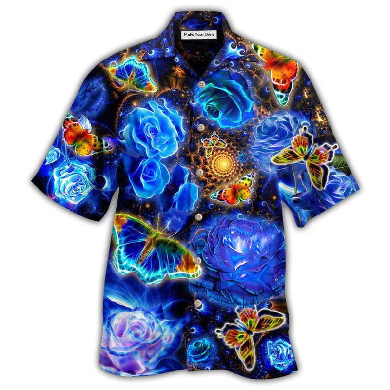 Hawaiian Shirt / Adults / S Butterfly Flower Glowing Blue Rose - Hawaiian Shirt - Reefox