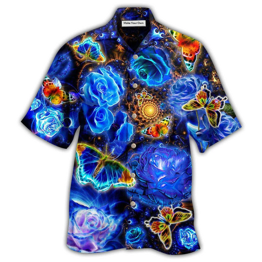 Hawaiian Shirt / Adults / S Butterfly Flower Glowing Blue Rose - Hawaiian Shirt - Reefox