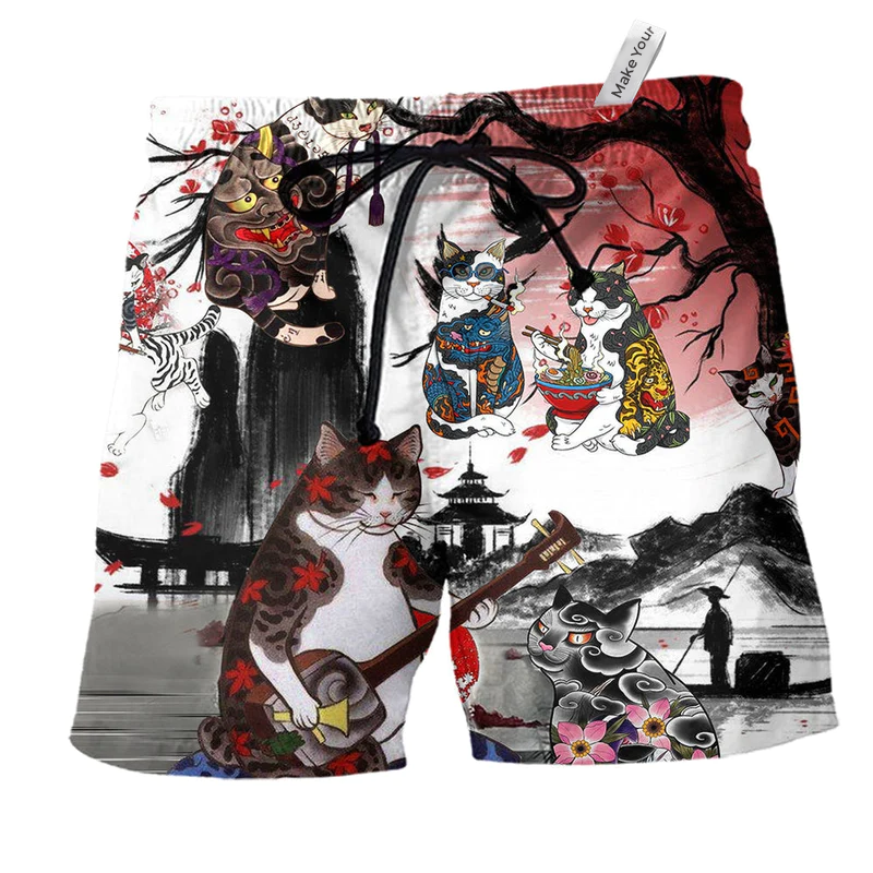 Beach Short / Adults / S Cat Japanese Amazing Art - Beach Short Reefox - Owls Matrix LTD