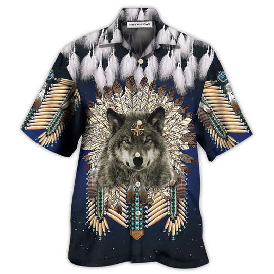 Hawaiian Shirt / Adults / S Native Wolf Feathers Dark Style - Hawaiian Shirt - Reefox