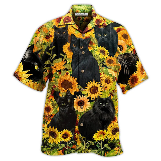 Hawaiian Shirt / Adults / S Black Cat Love Sunflower - Hawaiian Shirt - Reefox