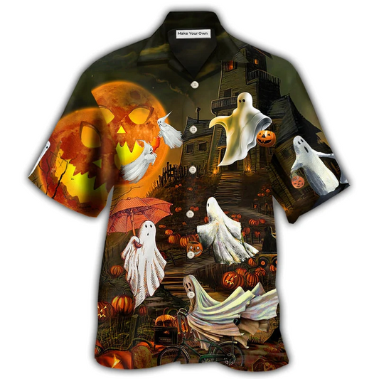 Hawaiian Shirt / Adults / S Halloween Ghost Cute With Moon - Hawaiian Shirt - Reefox