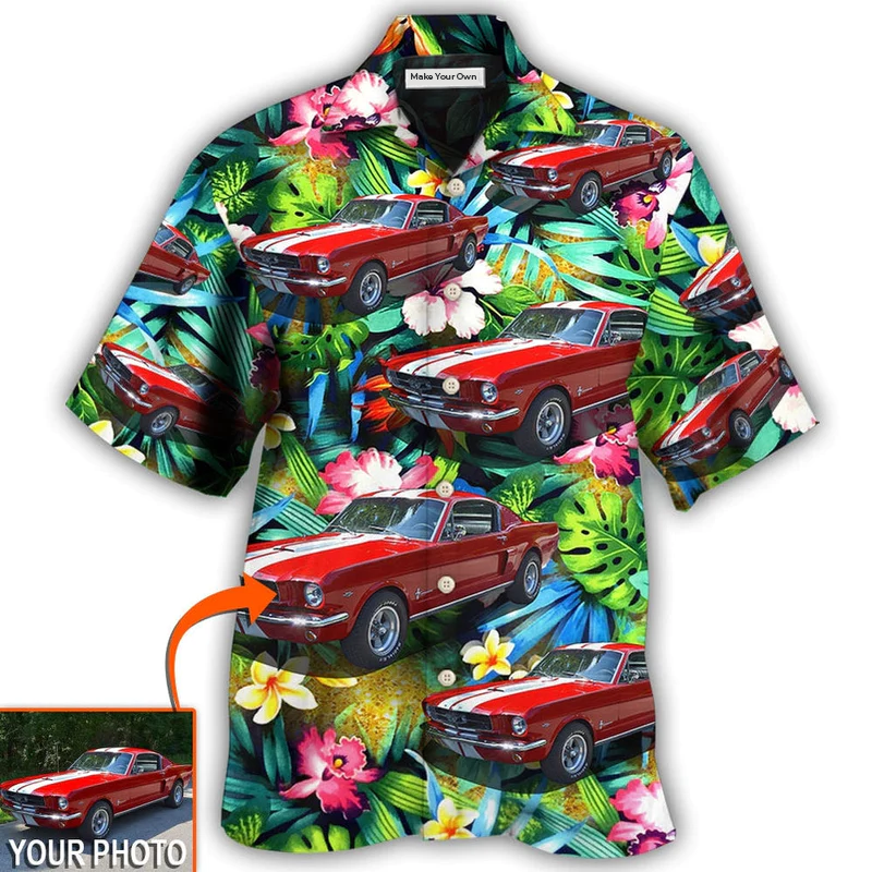 Hawaiian Shirt / Adults / S Car Mustang Car Modern Classic Tropical Flower Custom Photo - Hawaiian Shirt - Reefox