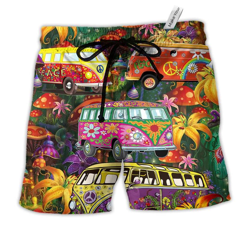 Beach Short / Adults / S Hippie Bus Peace Life Color So Patterned - Beach Short Reefox - Owls Matrix LTD
