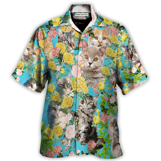 Hawaiian Shirt / Adults / S Cat With Flowers - Hawaiian Shirt - Reefox