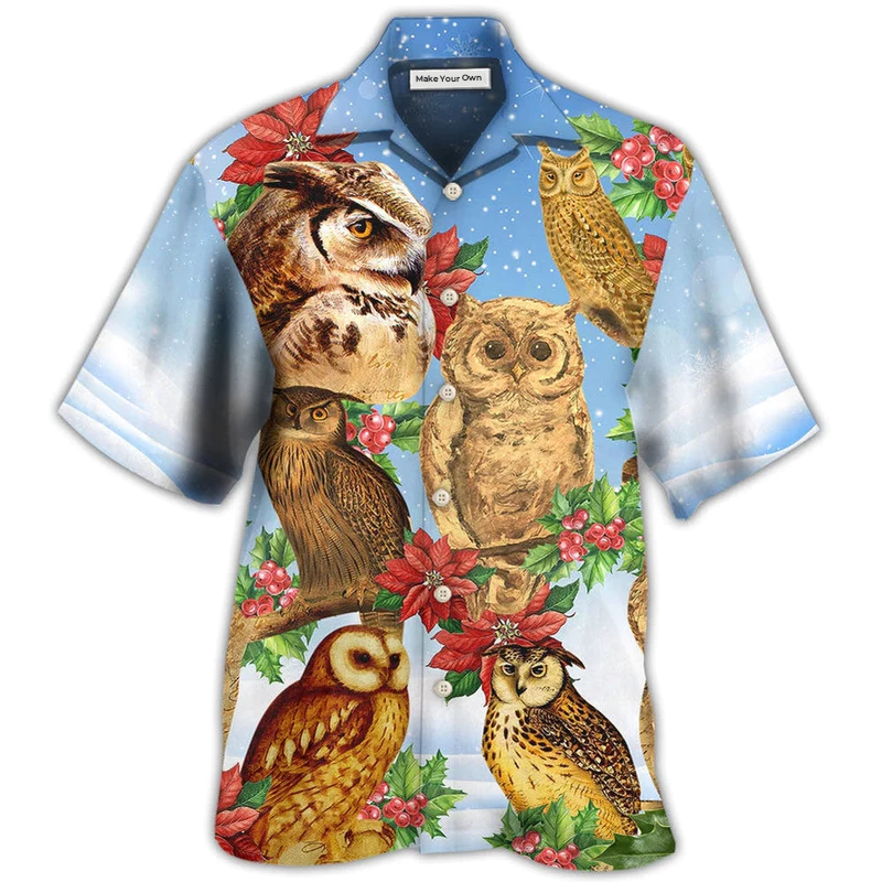 Hawaiian Shirt / Adults / S Owl Retro Merry Christmas Happy - Hawaiian Shirt - Reefox