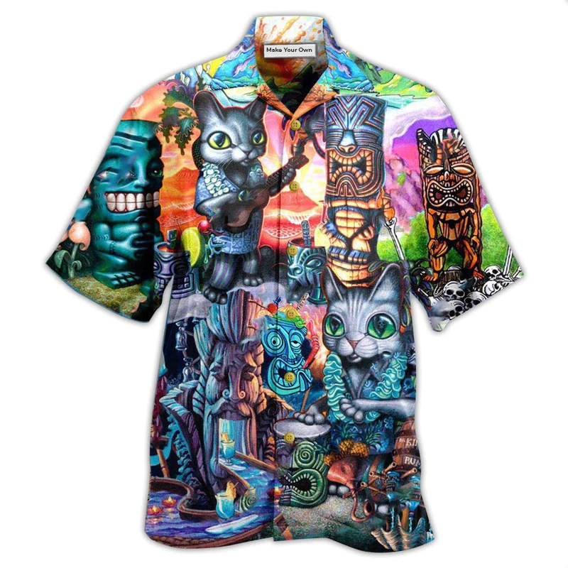 Hawaiian Shirt / Adults / S Tiki It's Time And Cat - Hawaiian Shirt - Reefox