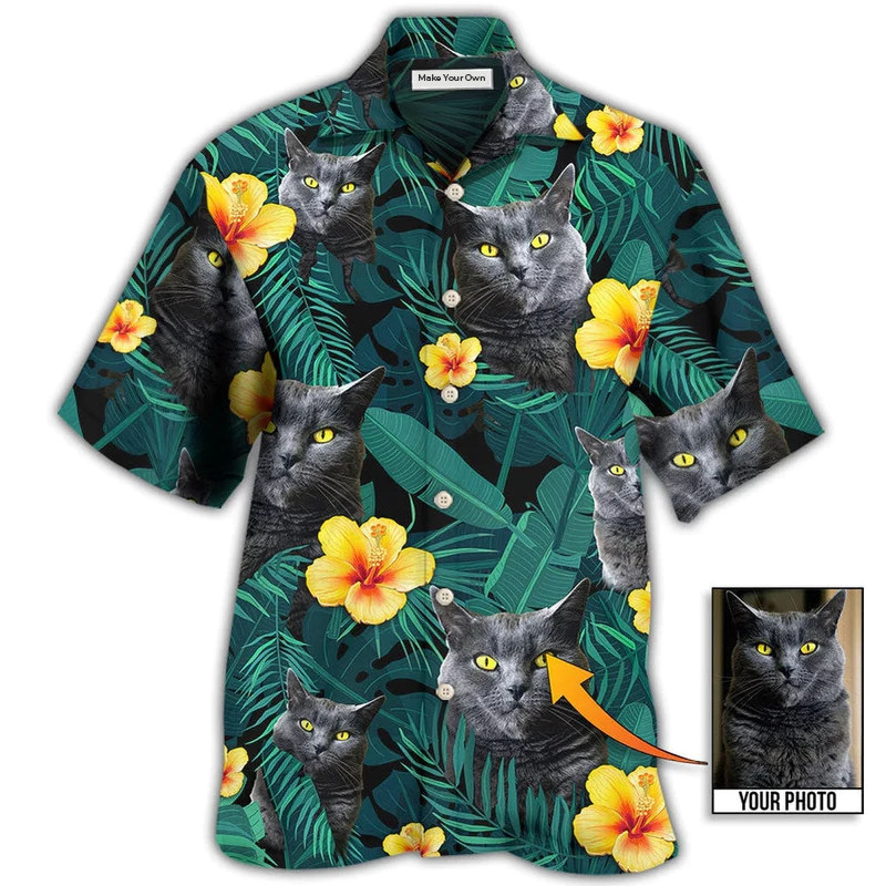Hawaiian Shirt / Adults / S Black Cat Green Tropical Custom Photo - Hawaiian Shirt - Reefox