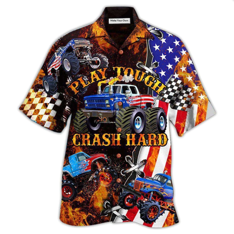 Hawaiian Shirt / Adults / S Monster Truck Fire Monster Truck Play Tough Crash Hard - Hawaiian Shirt - Reefox