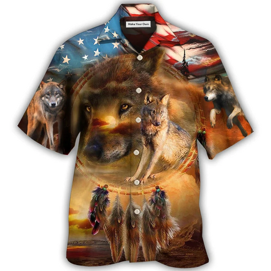 Hawaiian Shirt / Adults / S Wolf Independence Day Dreamcatcher American Flag - Hawaiian Shirt - Reefox