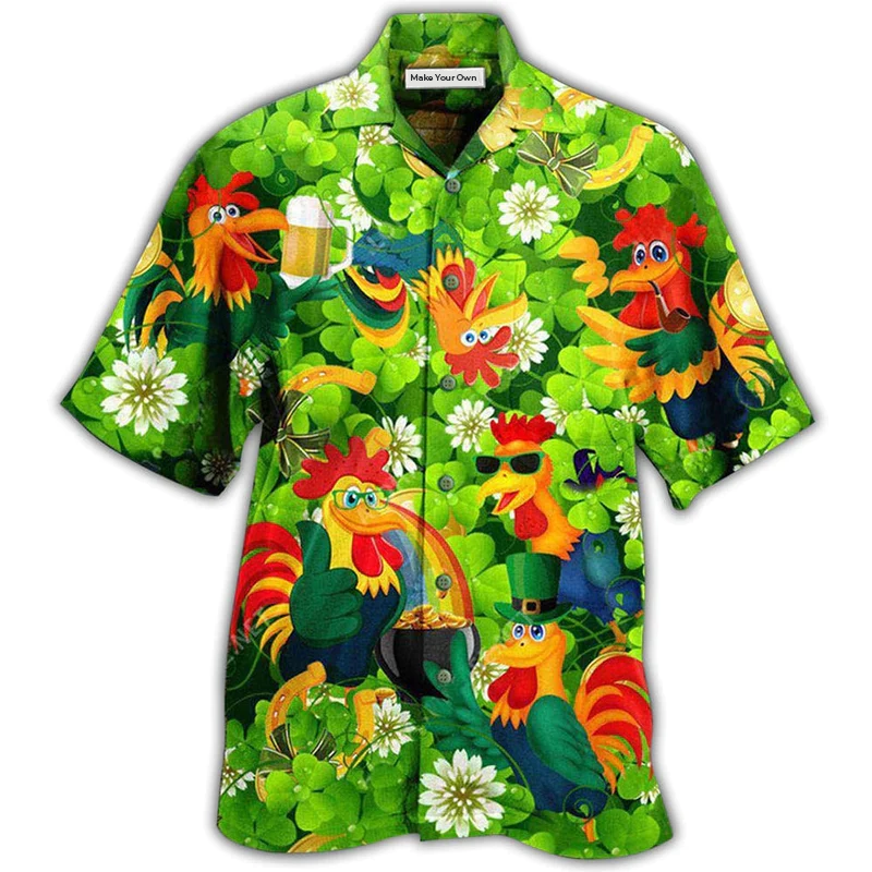 Hawaiian Shirt / Adults / S Chicken Roosters Bring Luck Shamrock - Hawaiian Shirt - Reefox