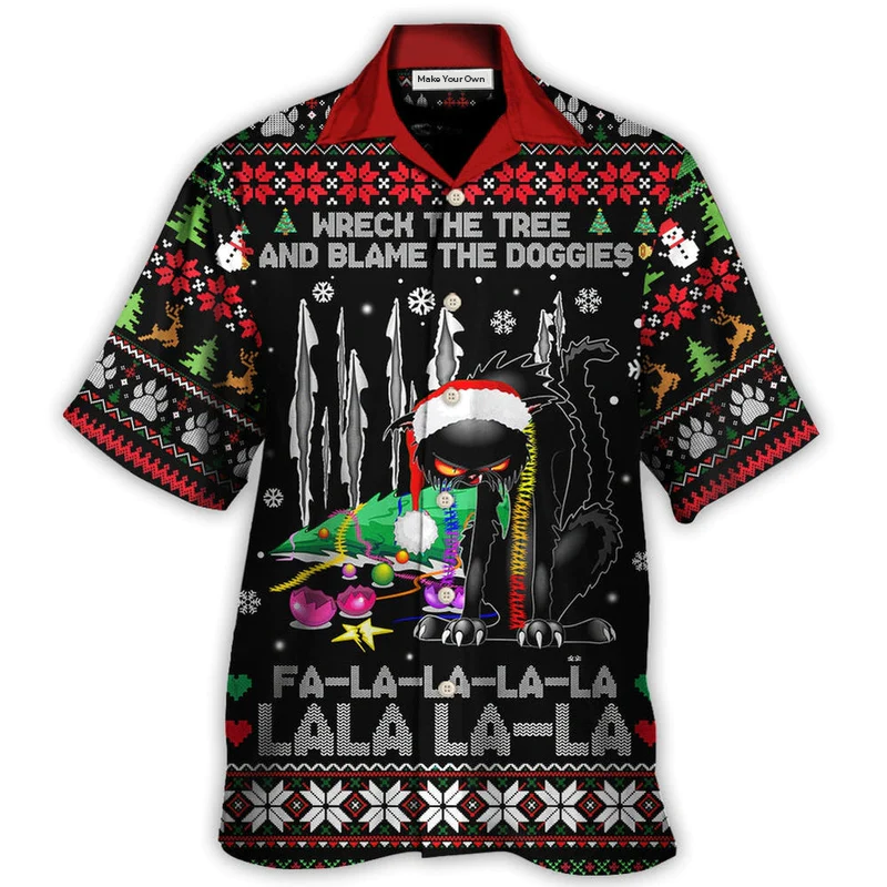 Hawaiian Shirt / Adults / S Black Cat Wreck The Tree Light Funny Ugly Style Christmas - Hawaiian Shirt - Reefox
