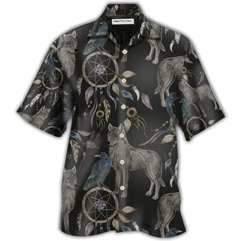 Hawaiian Shirt / Adults / S Wolf Dreamcatcher Dark Style - Hawaiian Shirt - Reefox