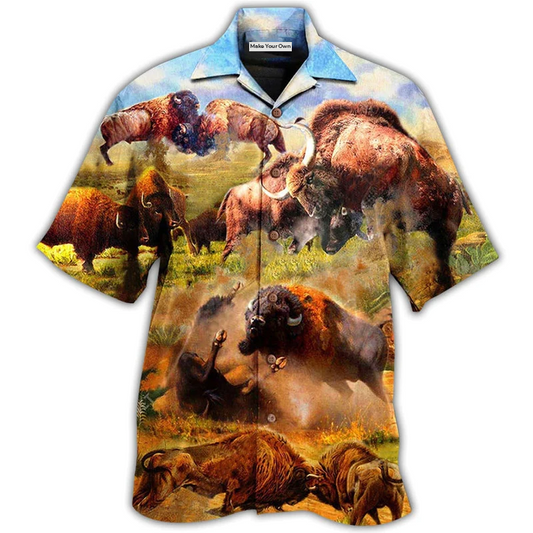 Hawaiian Shirt / Adults / S Bison Animals Bison In Wild Battle To Live - Hawaiian Shirt - Reefox