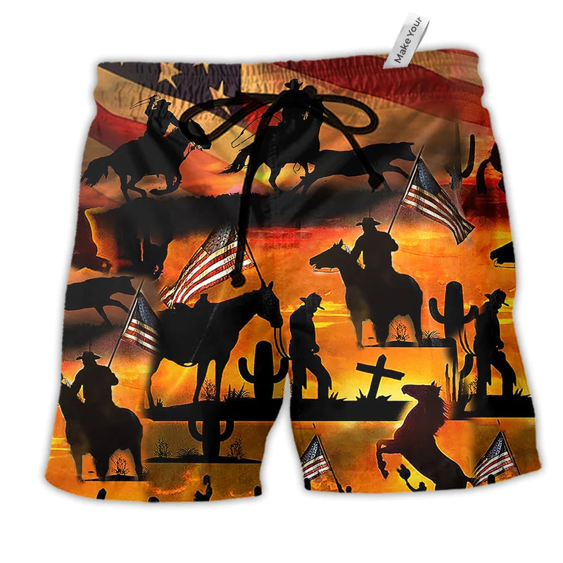 Beach Short / Adults / S Cowboy American Love Life Sunset Background - Beach Short Reefox - Owls Matrix LTD