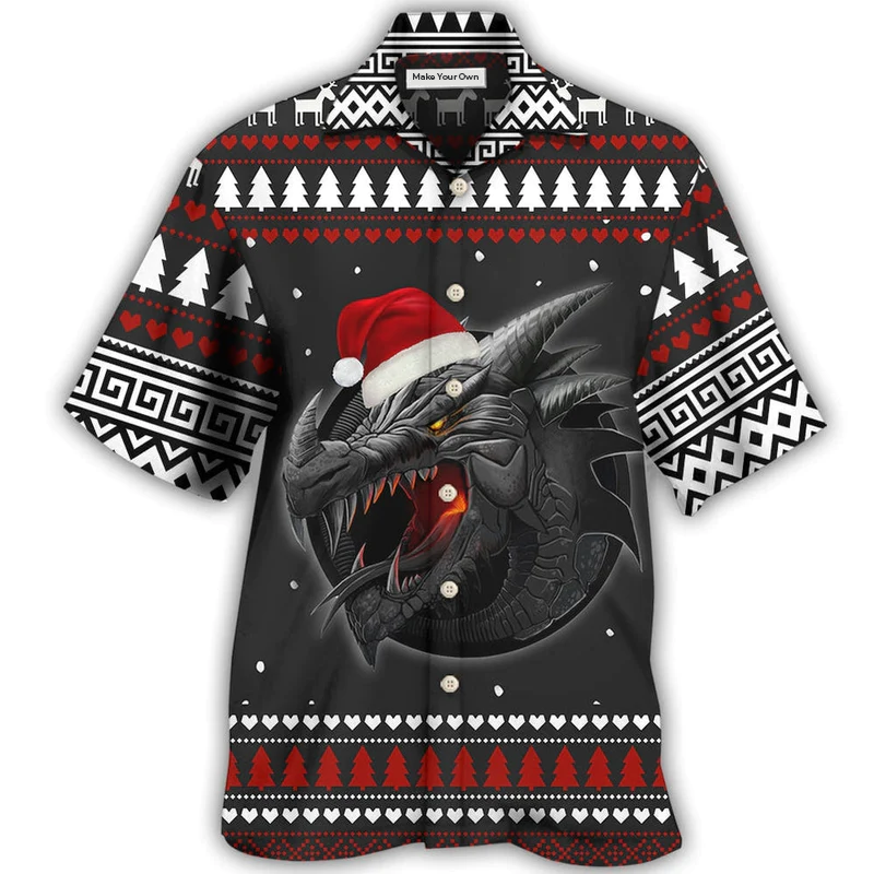 Hawaiian Shirt / Adults / S Dragon Merry Christmas Black And Red - Hawaiian Shirt - Reefox