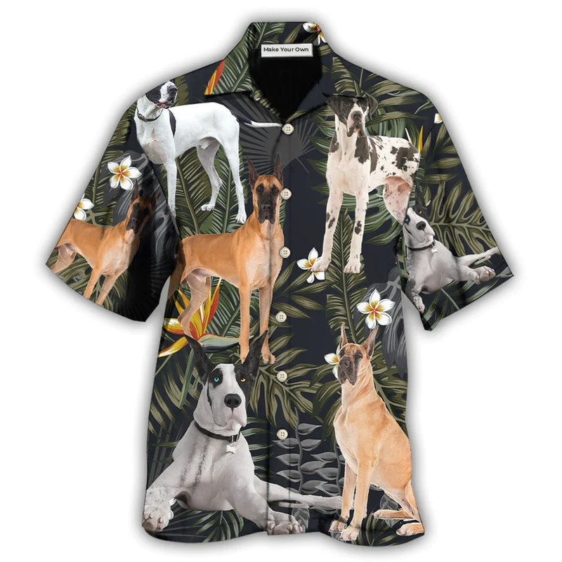 Hawaiian Shirt / Adults / S Great Dane Dog Tropical Leaf Black Style - Hawaiian Shirt - Reefox