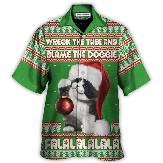 Hawaiian Shirt / Adults / S Cat Wreck The Tree And Blame The Doggie Falalala Christmas - Hawaiian Shirt - Reefox