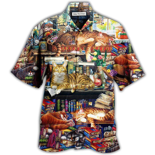 Hawaiian Shirt / Adults / S Cat Sleeping With Books Happiness Is A Good Book - Hawaiian Shirt - Reefox