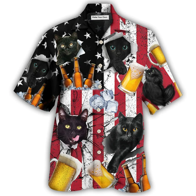 Hawaiian Shirt / Adults / S Beer And Black Cat American Flag Vintage - Hawaiian Shirt - Reefox
