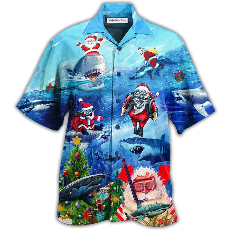 Hawaiian Shirt / Adults / S Shark Love Santa Blue Sea - Hawaiian Shirt - Reefox