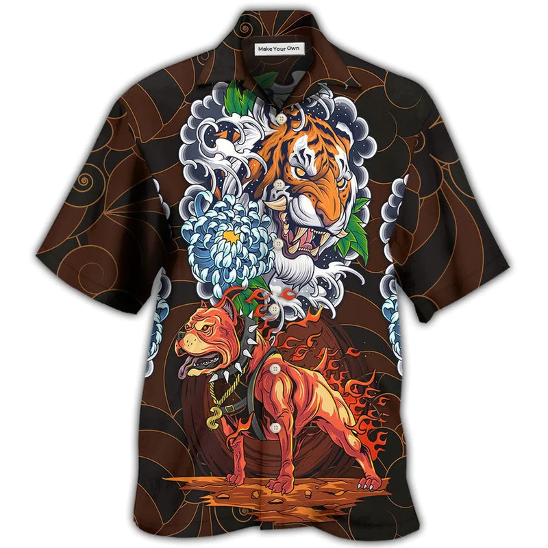 Hawaiian Shirt / Adults / S Pitbull Dog I Like Dogs And Tigers - Hawaiian Shirt - Reefox