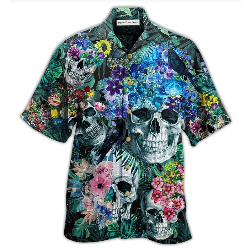 Hawaiian Shirt / Adults / S Skull Love Flowers Smile Happy - Hawaiian Shirt - Reefox