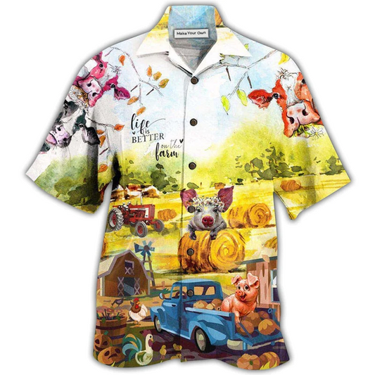 Hawaiian Shirt / Adults / S Farm Happy With Cow And Pig - Hawaiian Shirt - Reefox