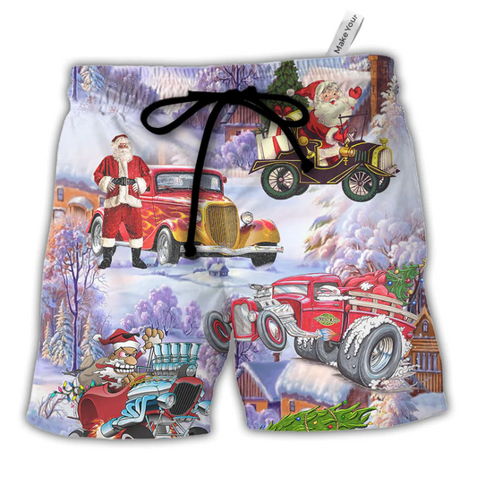 Beach Short / Adults / S Santa Hot Rod Christmas Tree Merry Xmas - Beach Short Reefox - Owls Matrix LTD
