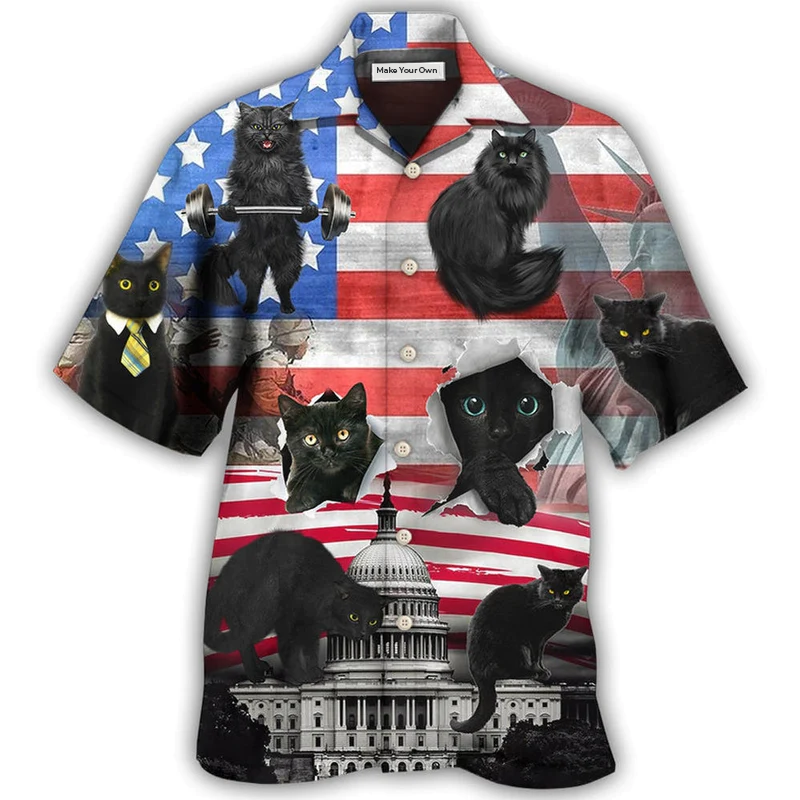 Hawaiian Shirt / Adults / S Black Cat Independence Day America - Hawaiian Shirt - Reefox