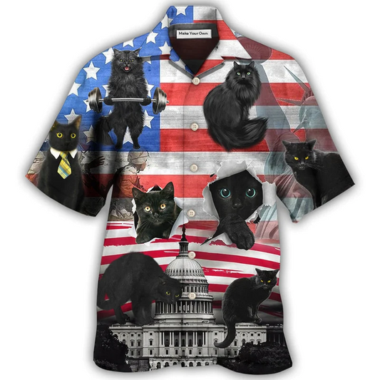 Hawaiian Shirt / Adults / S Black Cat Independence Day America - Hawaiian Shirt - Reefox