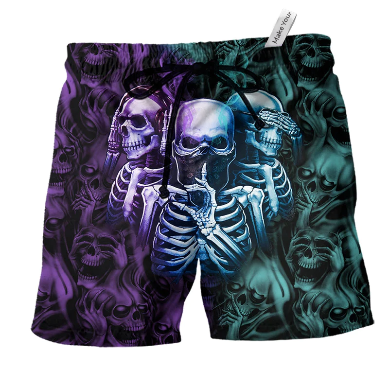 Beach Short / Adults / S Skull Neither Hear Nor See With Cool Colors - Beach Short Reefox - Owls Matrix LTD