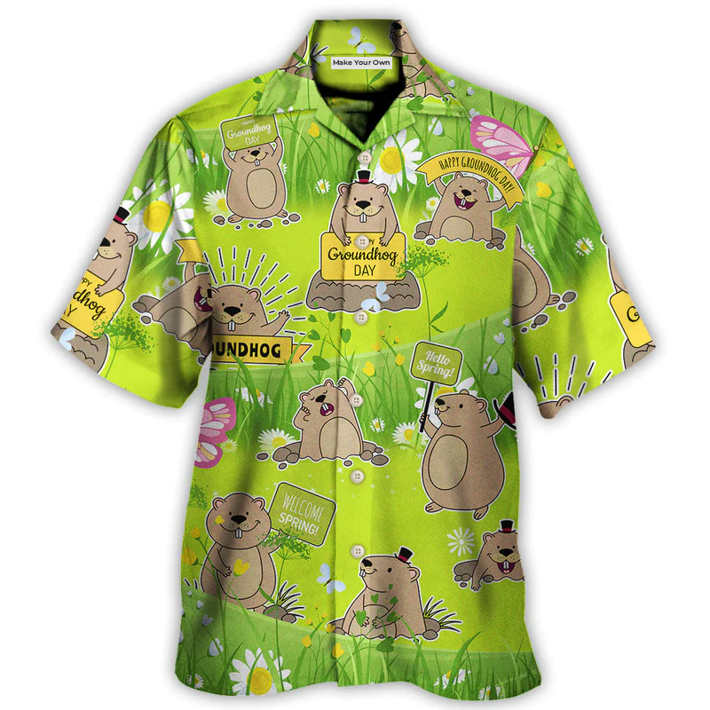 Groundhog Day Happy Spring With Flowers - Hawaiian Shirt - Reefox