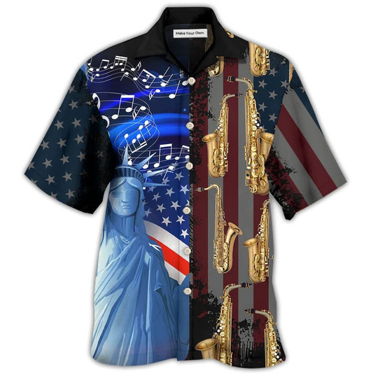 Hawaiian Shirt / Adults / S Saxophone Music USA Flag Independence Day - Hawaiian Shirt - Reefox