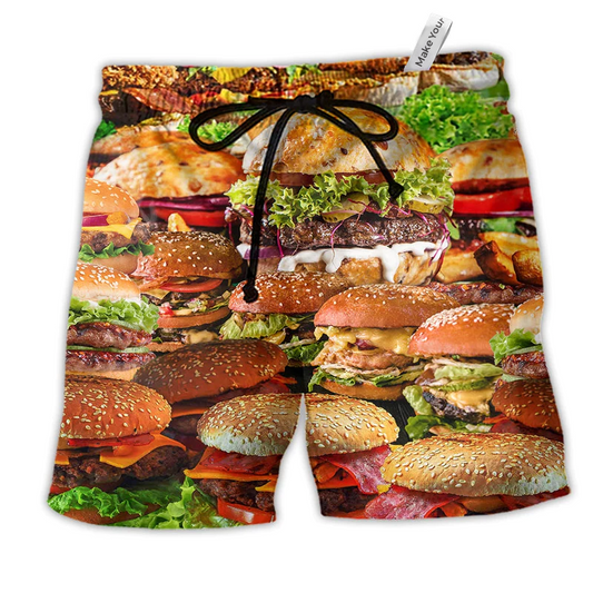 Beach Short / Adults / S Food Is Good Mood Delicious Hamburger So Fun - Beach Short Reefox - Owls Matrix LTD
