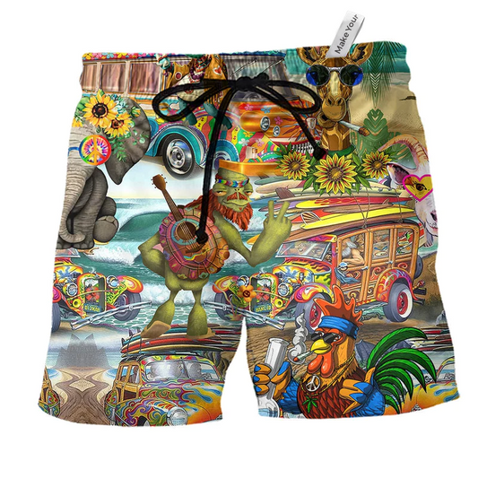 Beach Short / Adults / S Hippie Animals Happy Together - Beach Short Reefox - Owls Matrix LTD