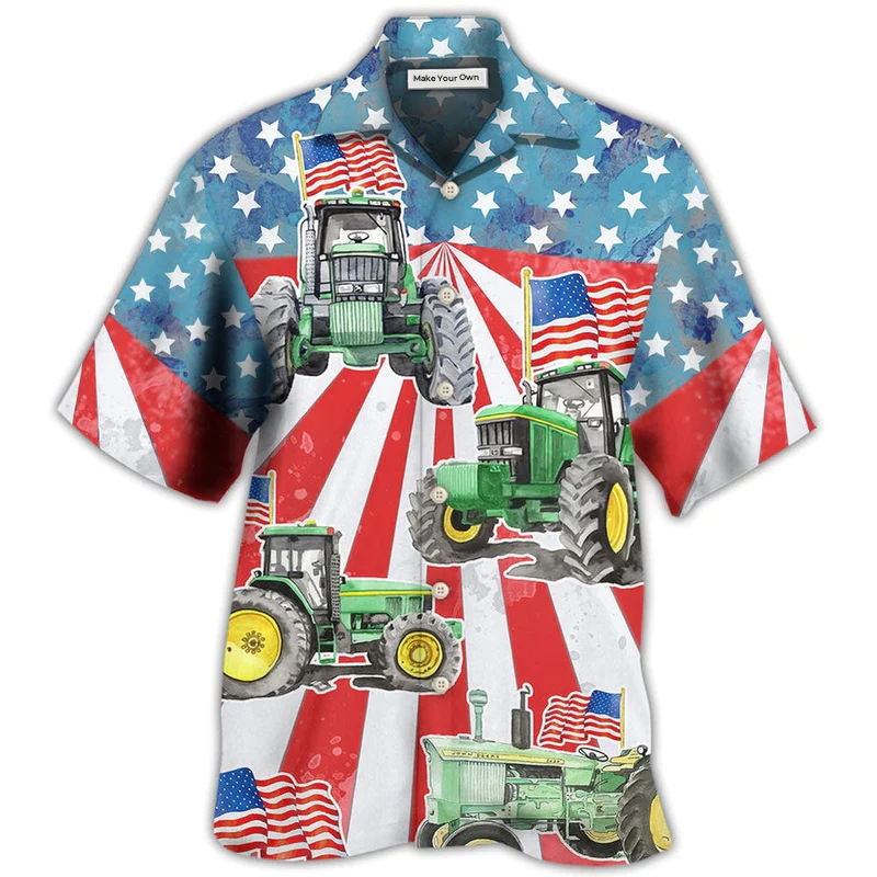 Hawaiian Shirt / Adults / S Tractor Independence Day Watercolor Tractor US Flag - Hawaiian Shirt - Reefox
