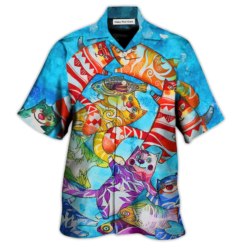 Hawaiian Shirt / Adults / S Cat And Fish Funny Together - Hawaiian Shirt - Reefox