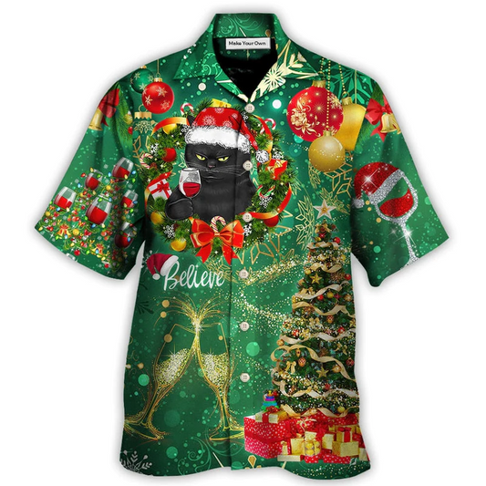 Hawaiian Shirt / Adults / S Christmas Black Cat Drinking Happy Christmas Tree Green Light - Hawaiian Shirt - Reefox