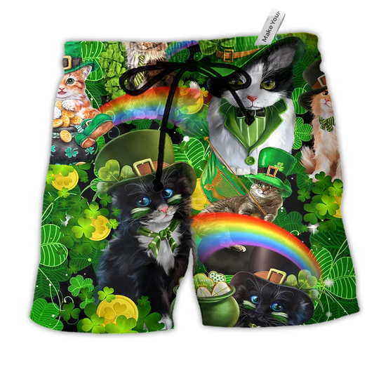 Beach Short / Adults / S Irish Saint Patricks Day Cats Shamrocks Green - Beach Short Reefox - Owls Matrix LTD