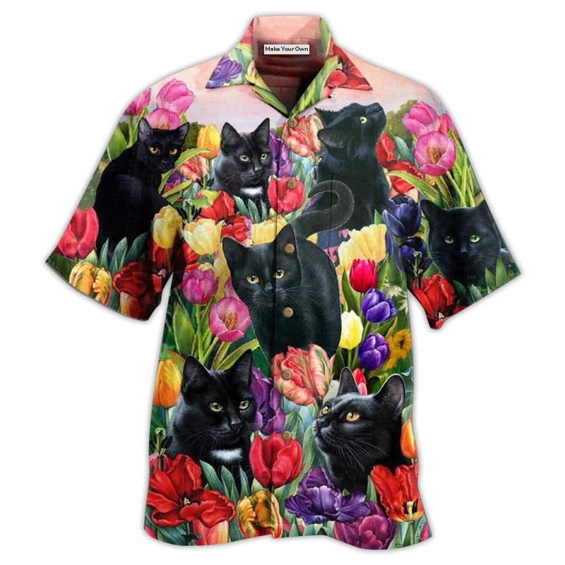 Hawaiian Shirt / Adults / S Black Cat Love Flowers Colorfull - Hawaiian Shirt - Reefox