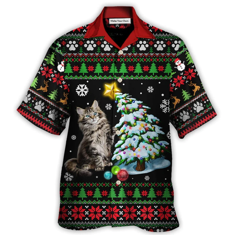 Hawaiian Shirt / Adults / S Cat Wreck The Tree Light Funny Ugly Style Christmas - Hawaiian Shirt - Reefox