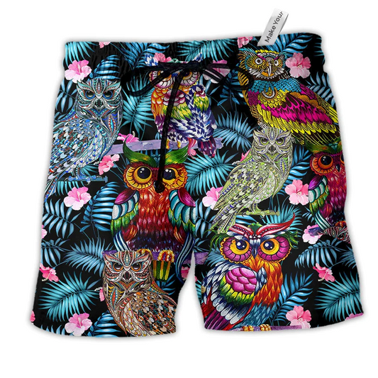 Beach Short / Adults / S Owl And Flowers Colorful - Beach Short Reefox - Owls Matrix LTD