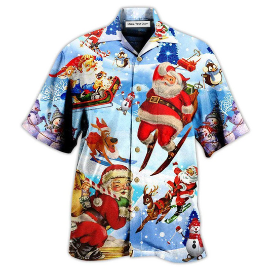 Hawaiian Shirt / Adults / S Christmas Skiing Santa Claus In Blue - Hawaiian Shirt - Reefox