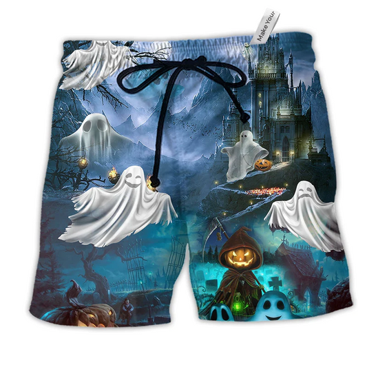 Beach Short / Adults / S Halloween Say Boo And Scary On Blue - Beach Short Reefox - Owls Matrix LTD