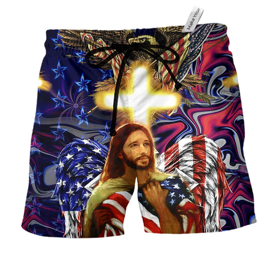 Beach Short / Adults / S America And Jesus Bless - Beach Short Reefox - Owls Matrix LTD